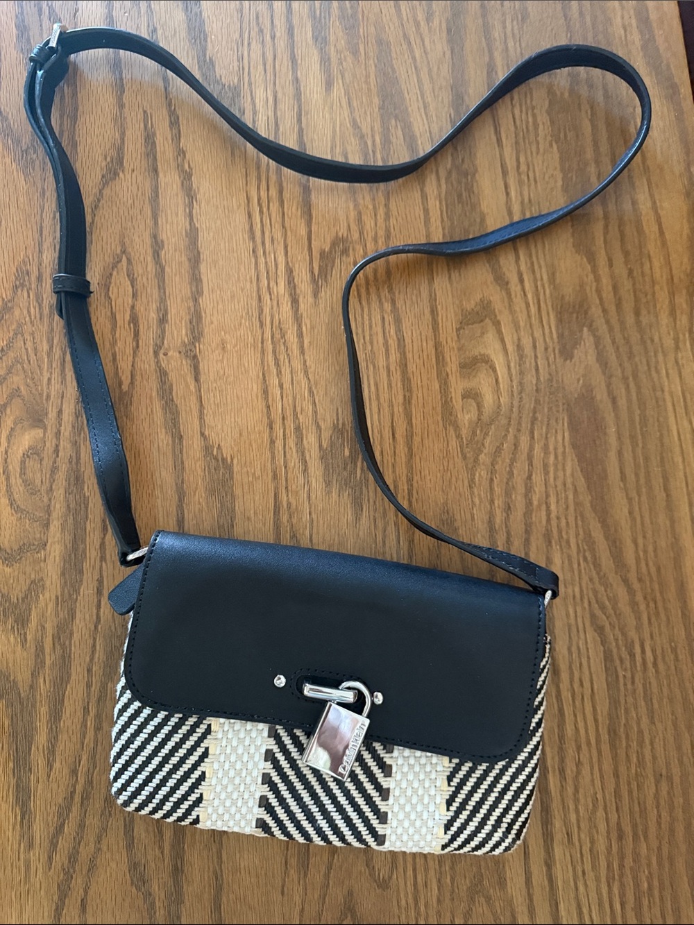 Calvin Klein Black & Cream Woven Crossbody with Silver Lock